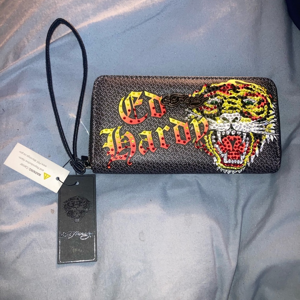 Ed Hardy Black Zip Wristlet with Red & Yellow Embroidery
